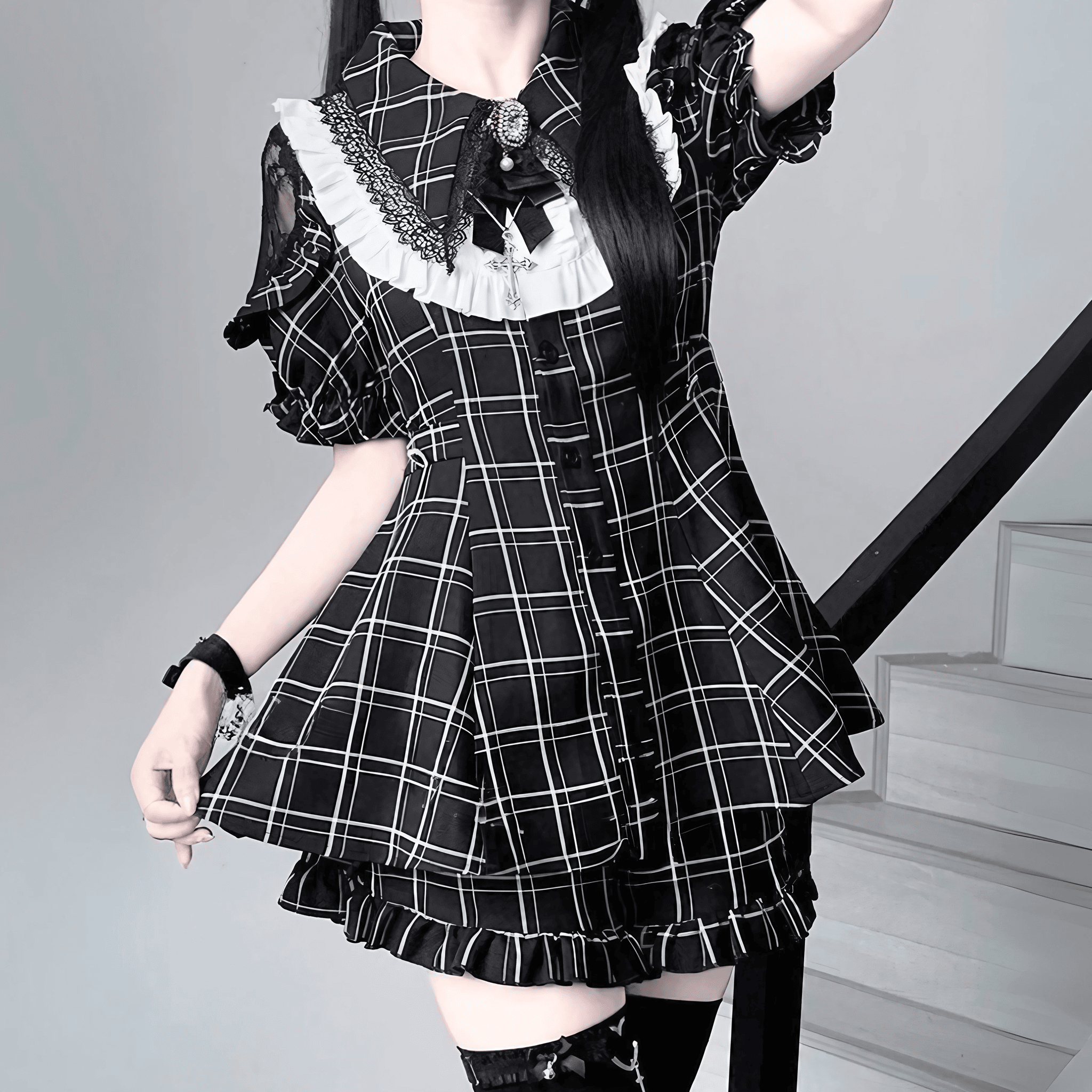 【AngelShare】ビジュー×チェックセットアップ◆セットアップ 地雷系 M、L、XL、XXL