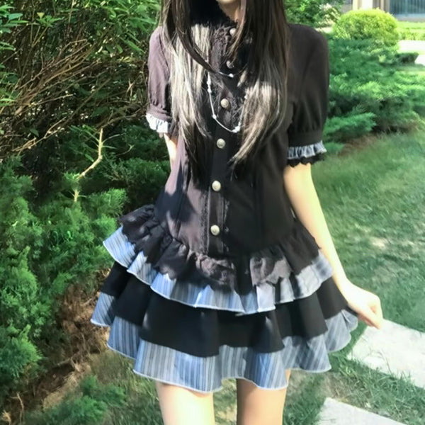 黒xストライプフリルティアードガーリーワンピース◆ワンピース 地雷系 S、M、L、XL