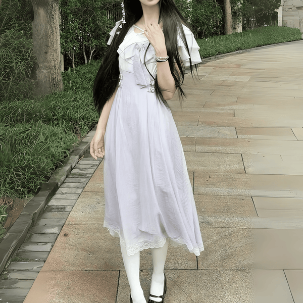 【LALAJK】ラベンダーフリルリボンロングワンピース◆ロングワンピ 量産型 S、M、L