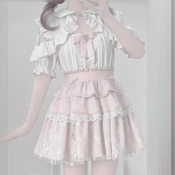 【LALAJK】レーストリムピンクホワイトセットアップ◆上下セット 量産型 S、M、L