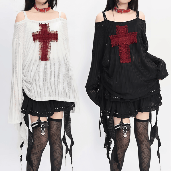 【CatWish】レッドクロスオフショルダーシースルートップス◆Tシャツ 地雷系 S、M