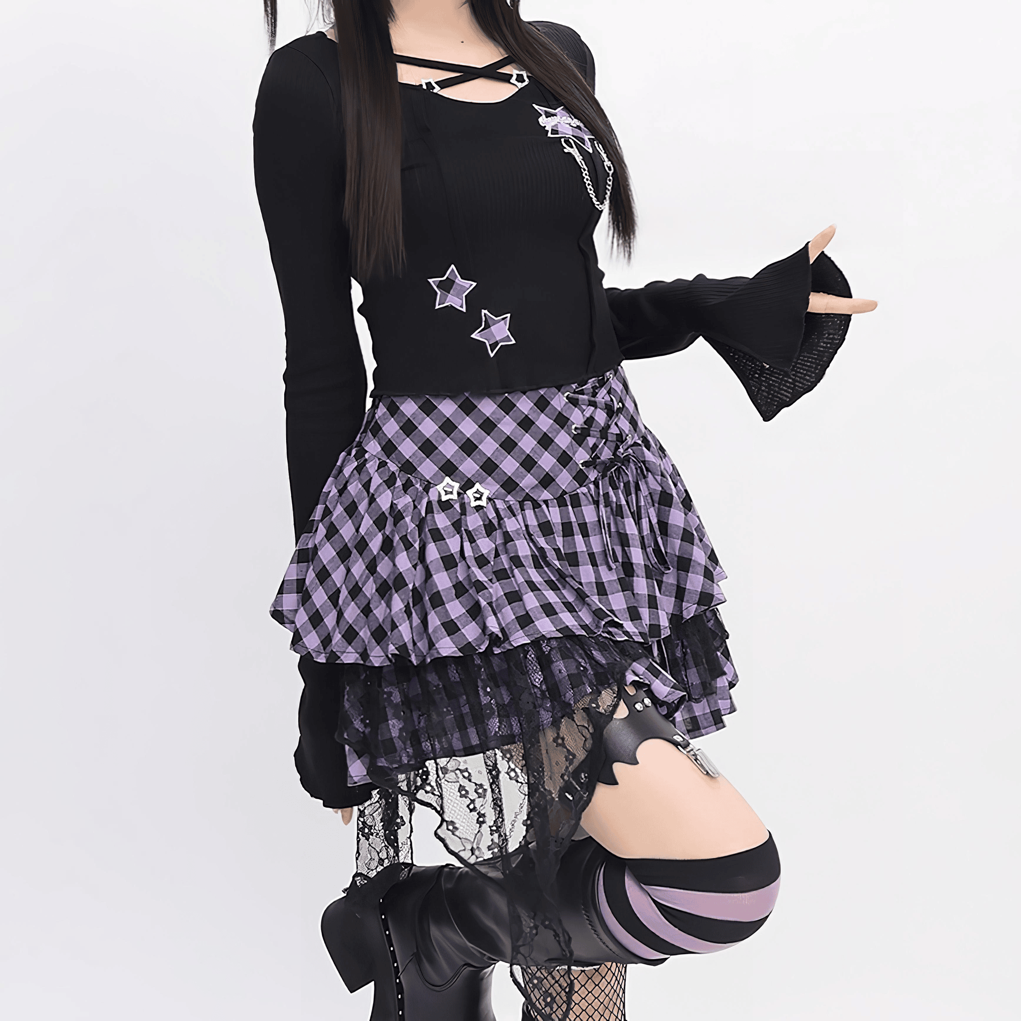 【CatWish】星モチーフ×フレア袖クロップドトップス◆カットソー 地雷系 S、M、L