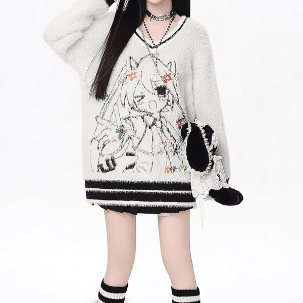 【CrazyGirl】Vネックゆるカジュアルニットトップス◆セーター 地雷系 S、M、L