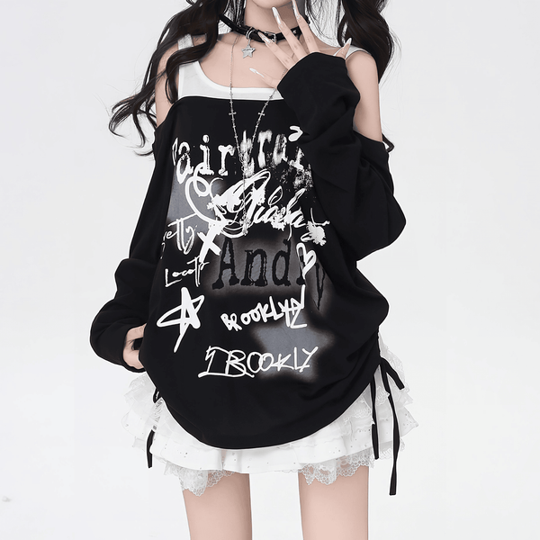 【CrazyGirl】オフショルダーストリートグラフィックロンT◆カットソー 地雷系 S、M、L