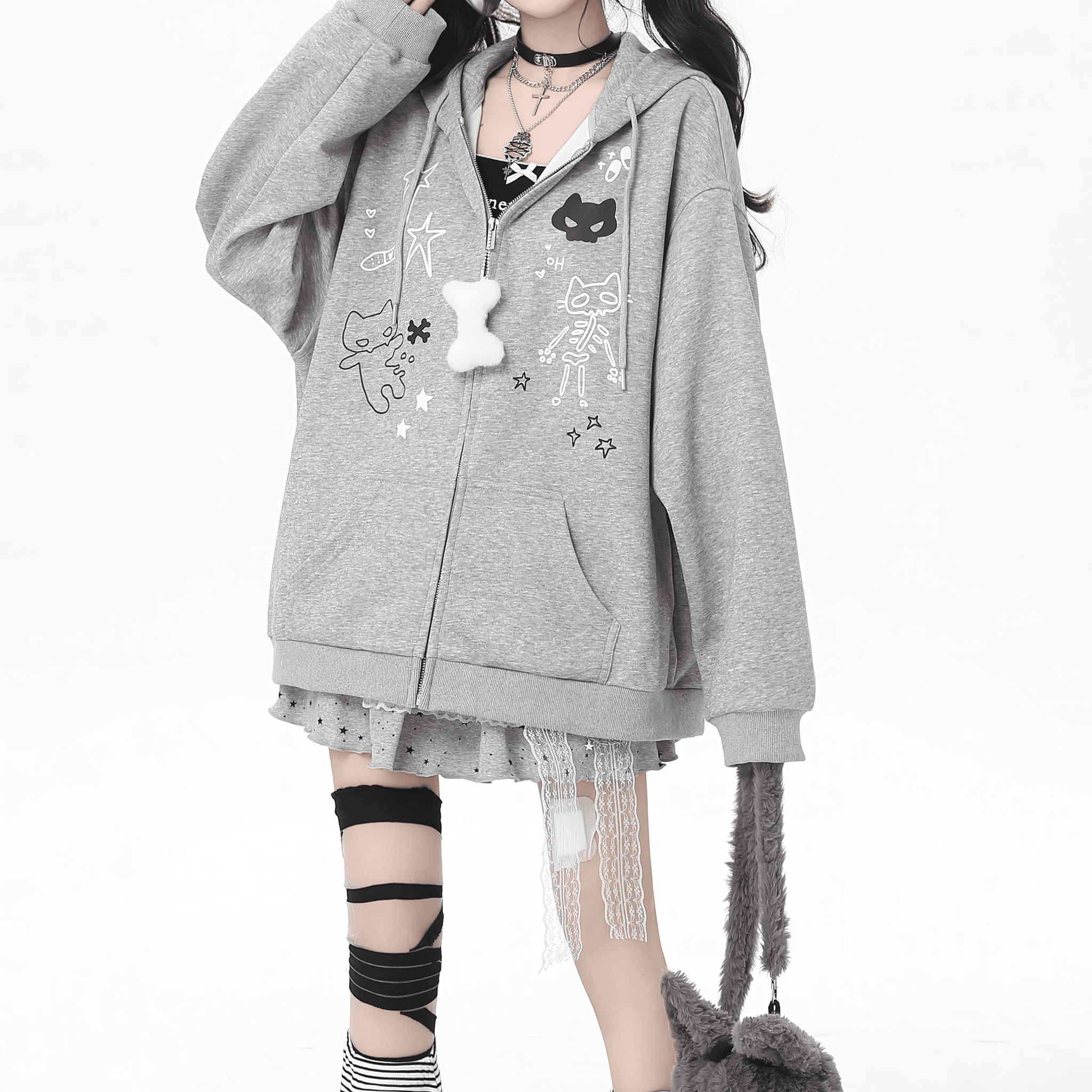 【CrazyGirl】猫耳リボンルーズジップパーカー◆パーカー 地雷系 S、M、L