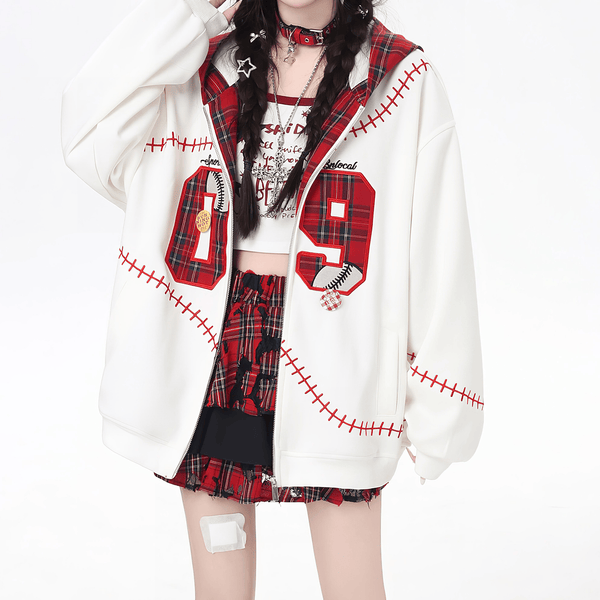 【CrazyGirl】チェックｘステッチジップジャケット◆ジャケット 地雷系 S、M、L