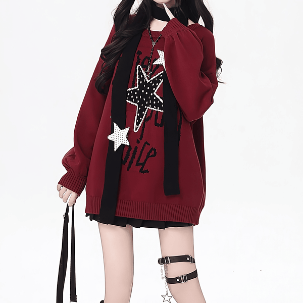 【CrazyGirl】スターデザインルーズニットセータースカーフ付◆セーター ガーリー系 S、M、L