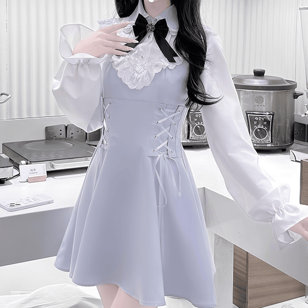 【LALAJK】フリルリボンレースアップワンピース◆ワンピース 量産型 S、M、L