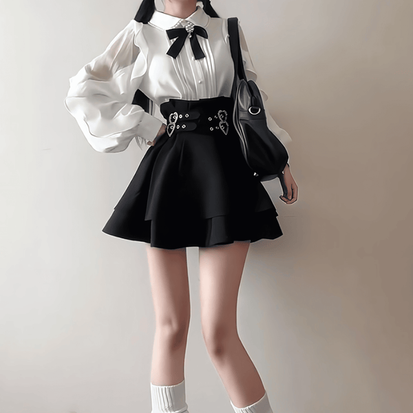 モノトーンフリルブラウスｘスカートセット◆上下セット 地雷系 S、M、L、XL