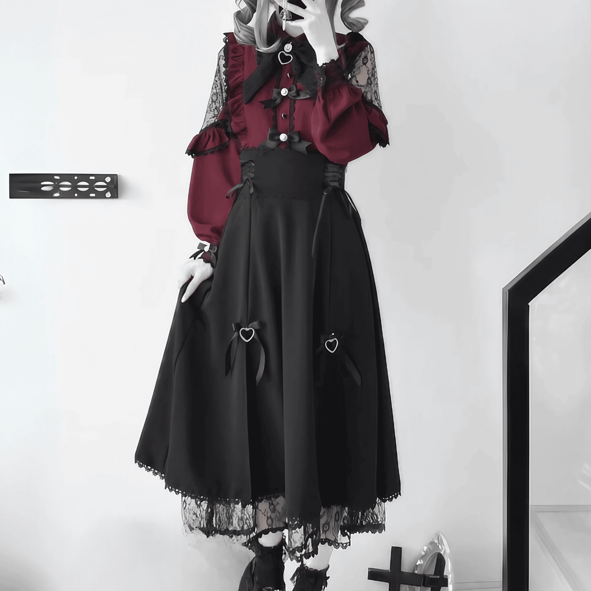 ハートモチーフハイウエストスカート◆ロングスカート 地雷系 S、M、L、XL