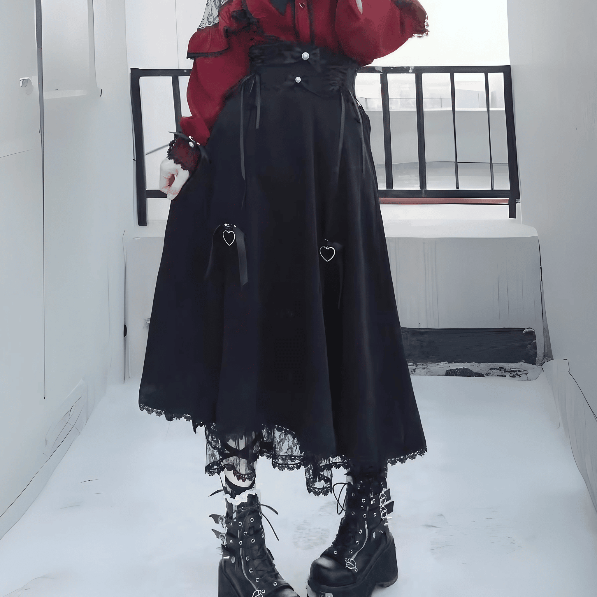 ハートモチーフハイウエストスカート◆ロングスカート 地雷系 S、M、L、XL