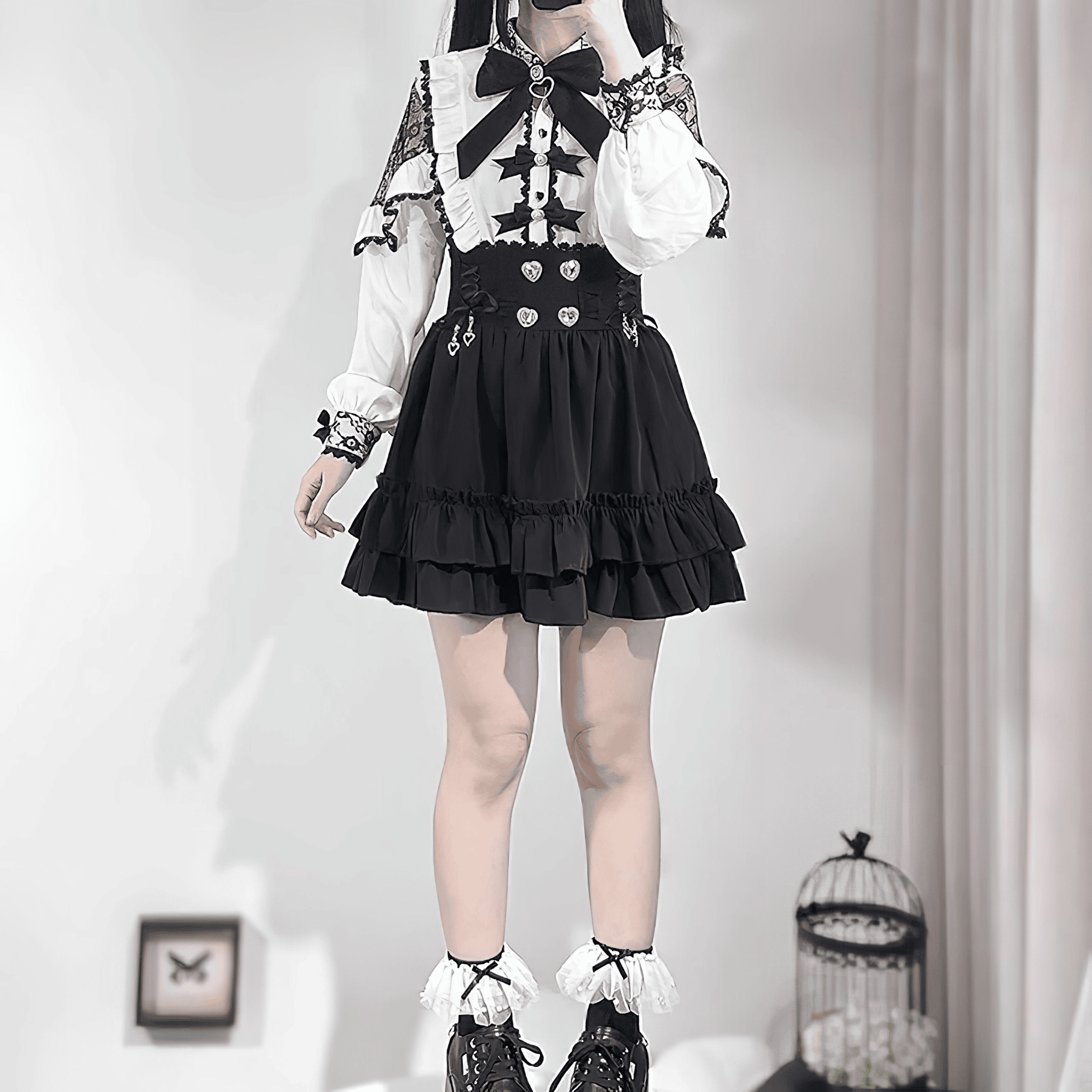 レーススリーブブラウス+フリルスカートセット◆上下セット 地雷系 S、M、L、XL