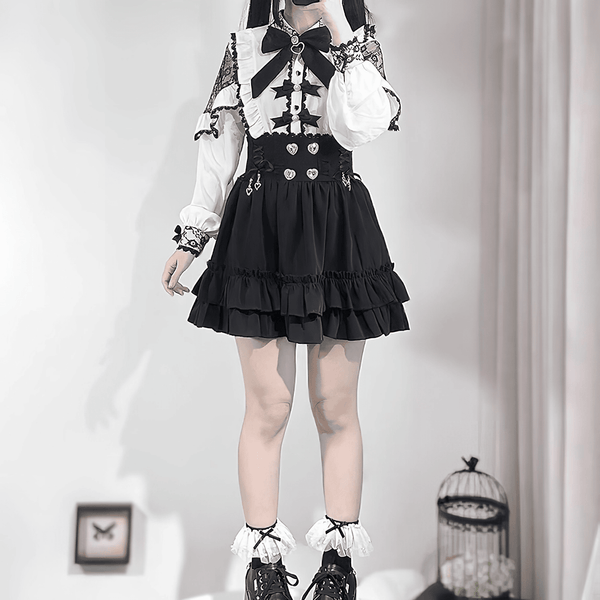 レーススリーブブラウス+フリルスカートセット◆上下セット 地雷系 S、M、L、XL