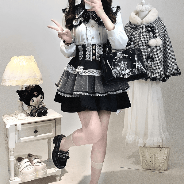 レースアップリボンレイヤードスカート◆ミニスカート 地雷系 ワンサイズ