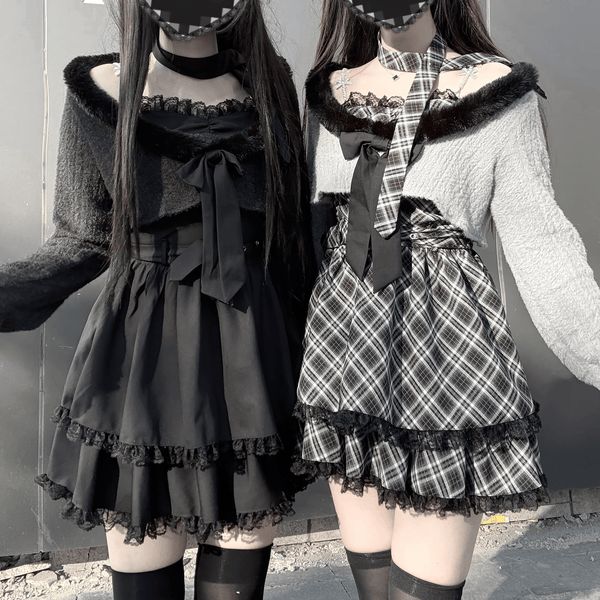 【BugStarting】ファーネック×フリルワンピース◆上下セット 地雷系 M、L