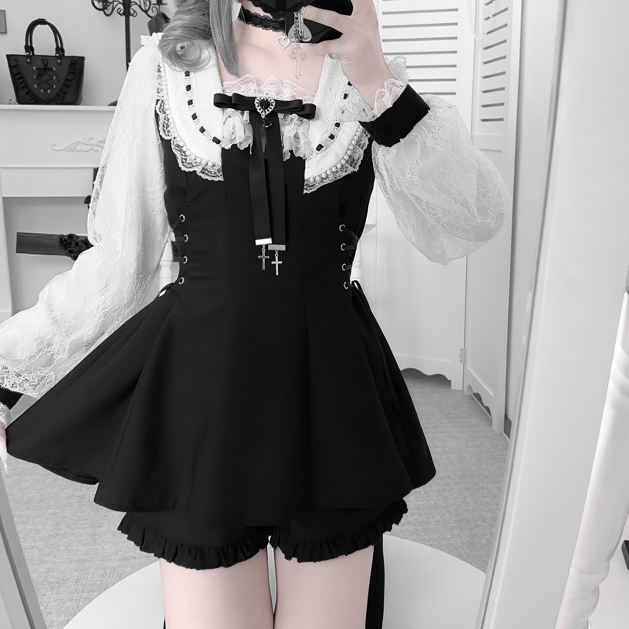 【VirtualParadise】レーススリーブ×フレアカラーセットアップ◆セットアップ 地雷系 S、M、L、XL