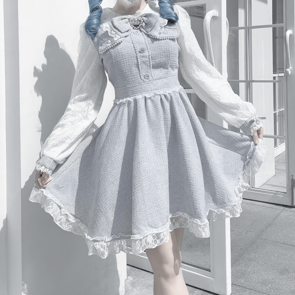 【地下偶像界隈】レーススリーブ×ツイード風フレアワンピース◆ワンピース 量産型 XS、S、M、L