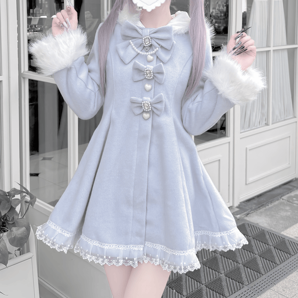 【地下偶像界隈】ファーフード×リボンデザインフレアコート◆コート 量産型 S、M、L