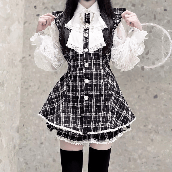 【升中味】レーススリーブチェックワンピースセットアップ◆セットアップ 地雷系 S、M、L、XL