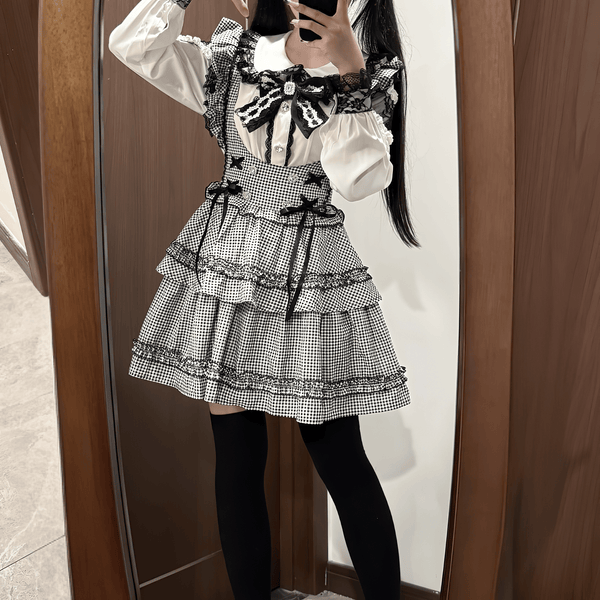 【Kanna】レース襟リボントップス×フリルスカートセット◆上下セット 地雷系 S、M、L