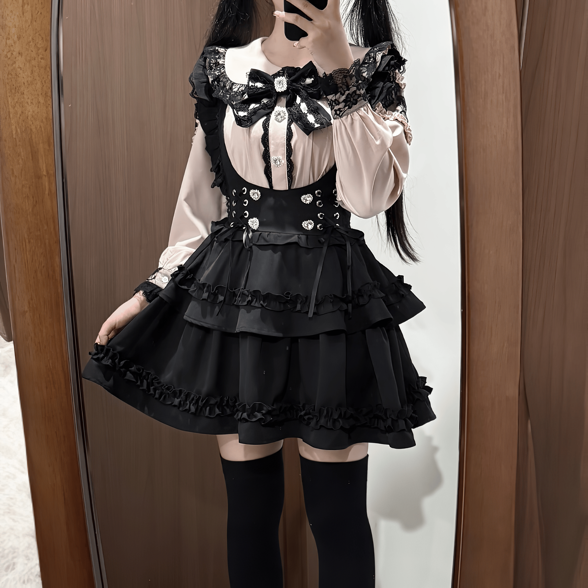 Kanna】レース襟リボントップス×フリルスカートセット◇上下セット