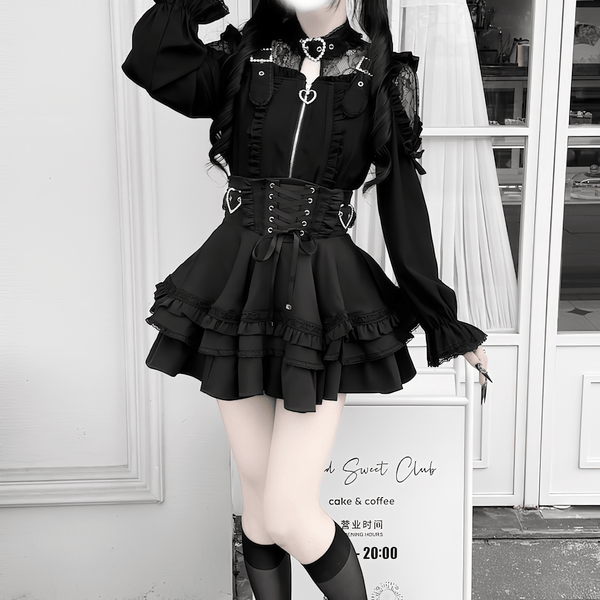 【银河与你】レースネック×フロントハートジップブラウス◆ブラウス 地雷系 M、L、XL