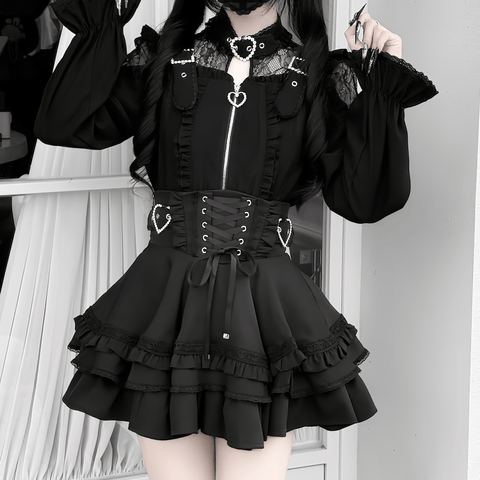 【银河与你】レースネック×フロントハートジップブラウス◆ブラウス 地雷系 M、L、XL