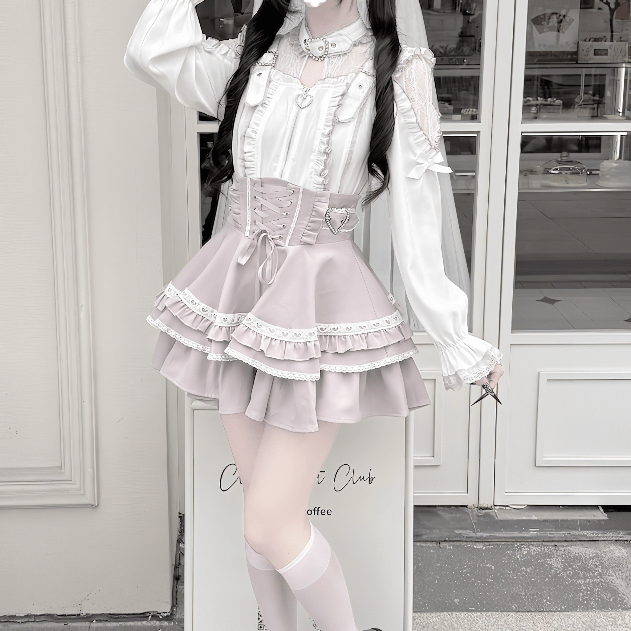 【银河与你】レースネック×フロントハートジップブラウス◆ブラウス 地雷系 M、L、XL