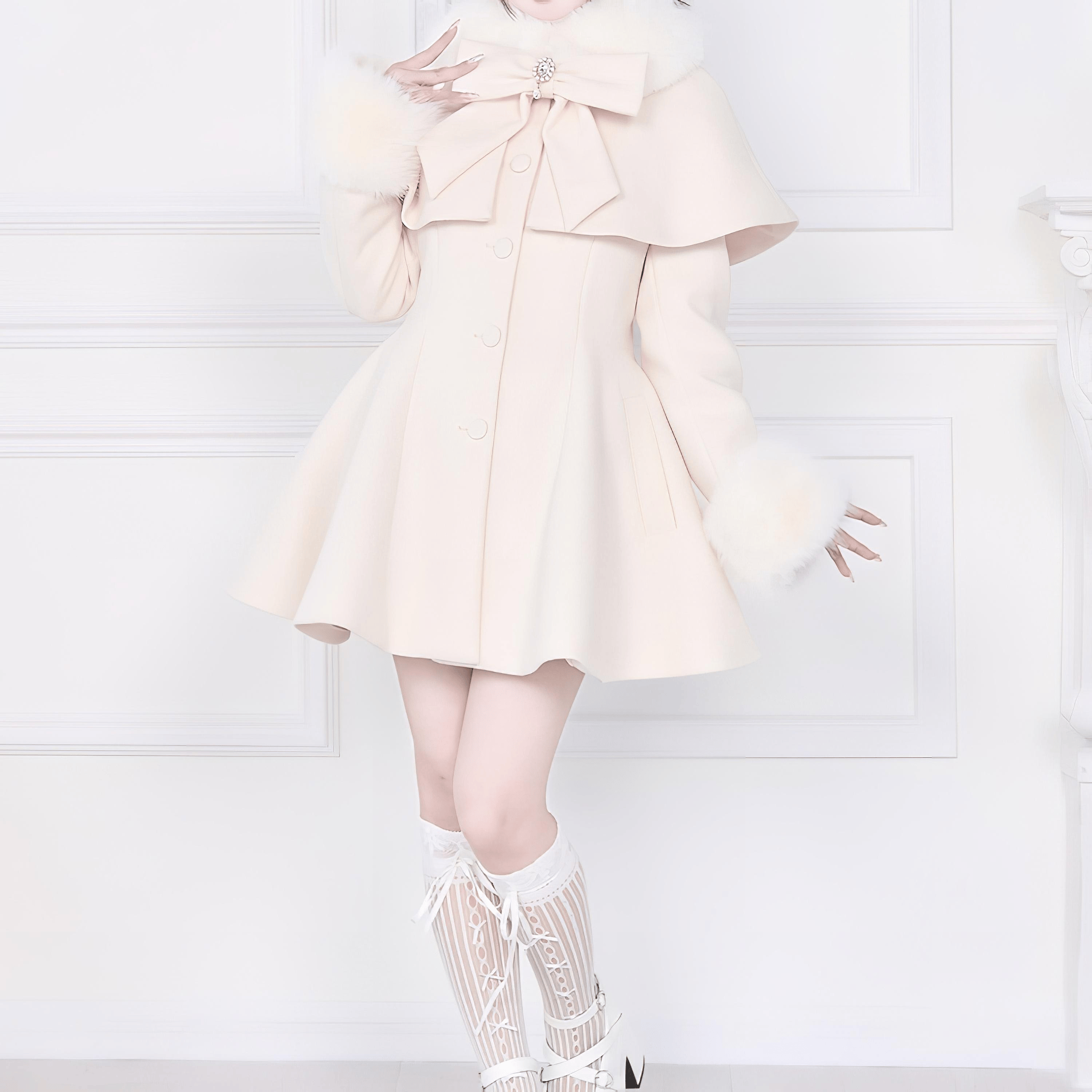 【NoGenki】リボン＆ファーケープコート◆コート 量産型 S、M