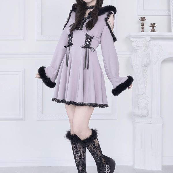 【NoGenki】ファーネックレースアップワンピース◆ワンピース 地雷系 ワンサイズ