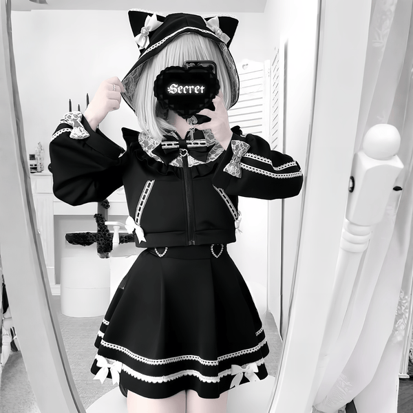 【AngelShare】耳つきフリルフード×レーススカートセットアップ◆上下セット 地雷系 S、M、L、XL