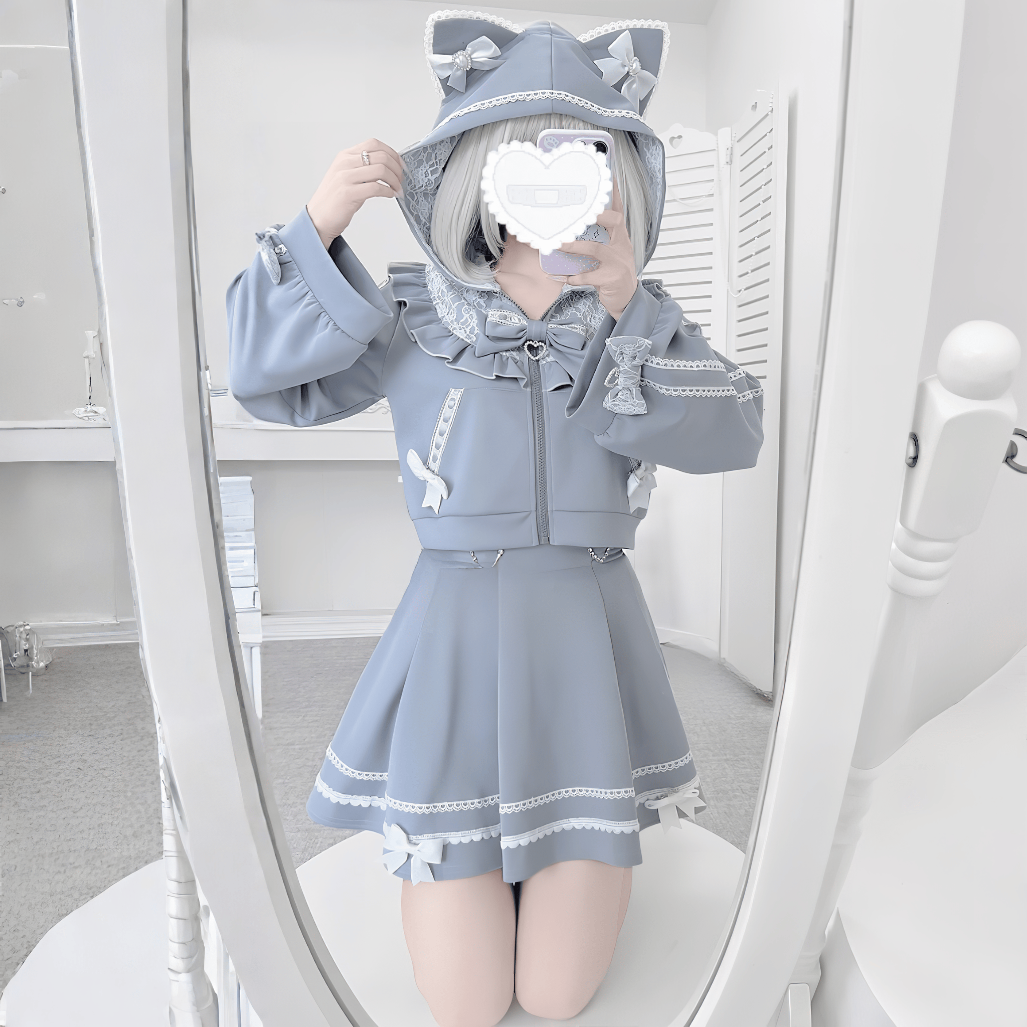 【AngelShare】耳つきフリルフード×レーススカートセットアップ◆上下セット 地雷系 S、M、L、XL
