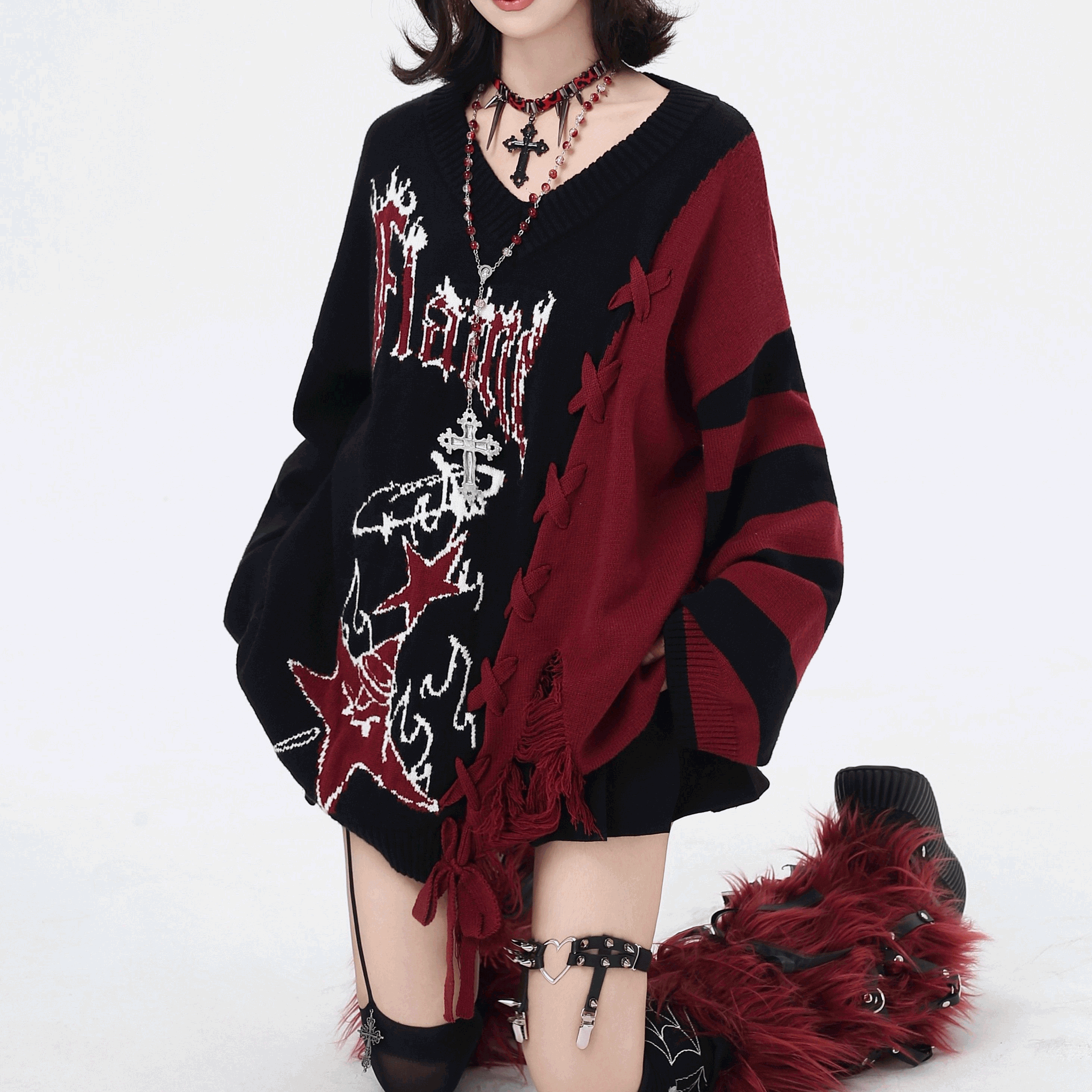【CrazyGirl】アシンメトリーレースアップフリンジニットセーター◆セーター サブカル系 S、M、L