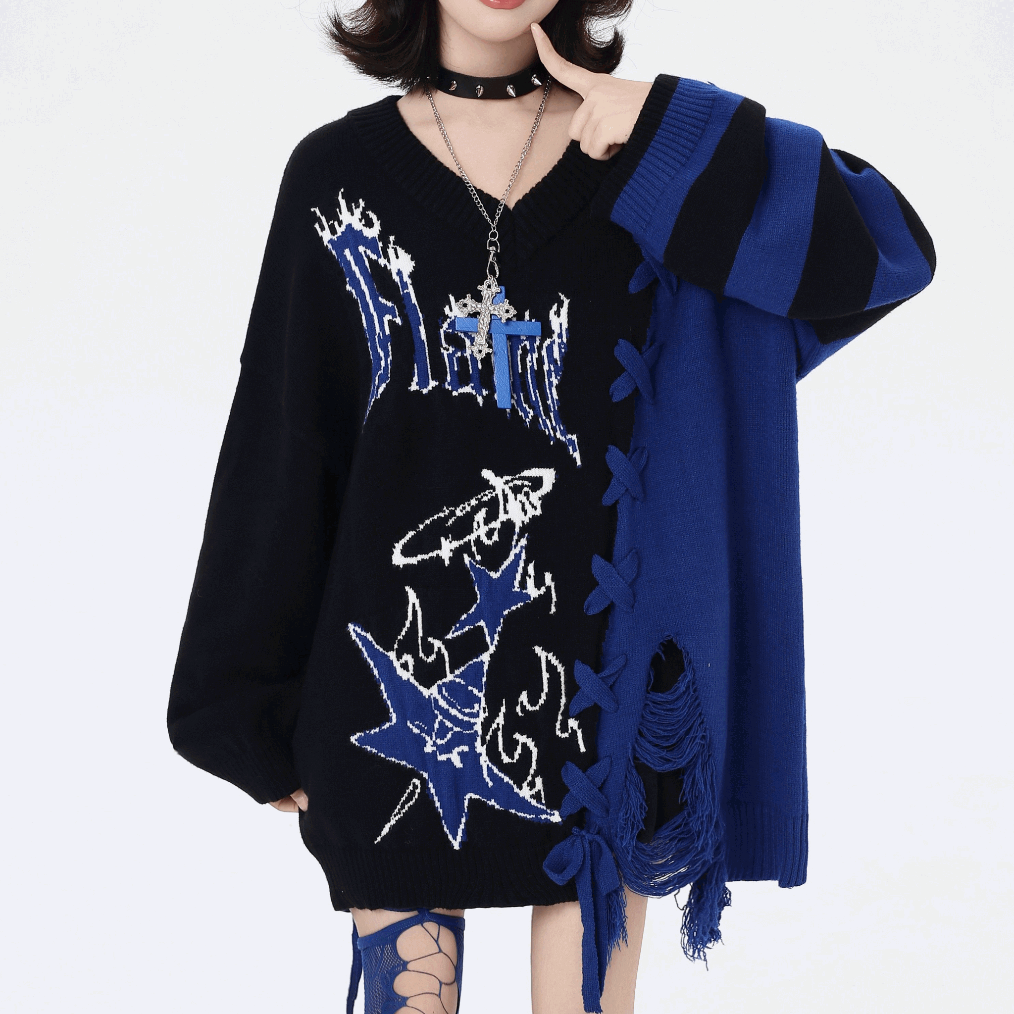 【CrazyGirl】アシンメトリーレースアップフリンジニットセーター◆セーター サブカル系 S、M、L