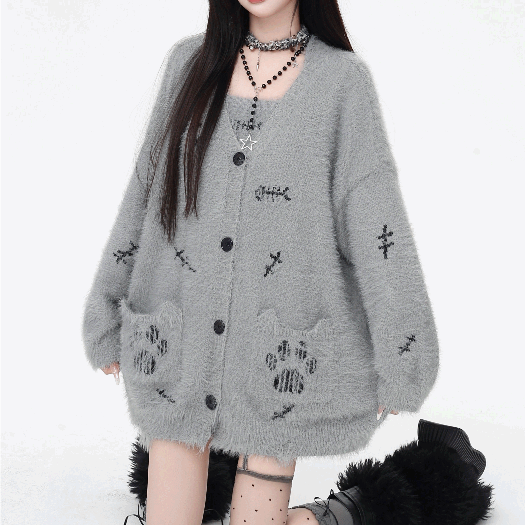 【CrazyGirl】ゆったりシャギーニットカーディガン+キャミソール２点セット◆カーディガン 地雷系 S、M、L