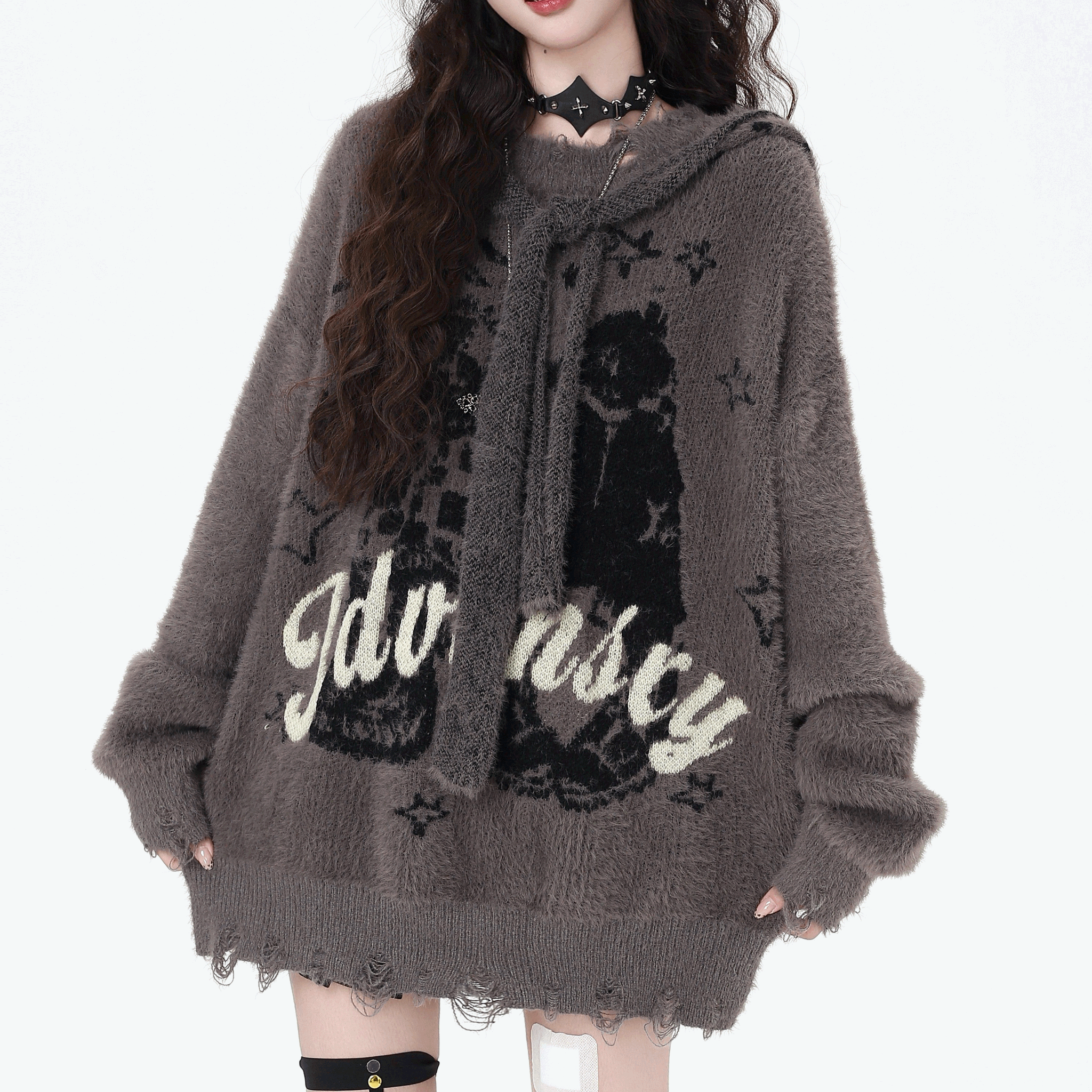 【CrazyGirl】ゴシックロゴダメージ加工フード付シャギーセーター◆セーター 地雷系 S、M、L