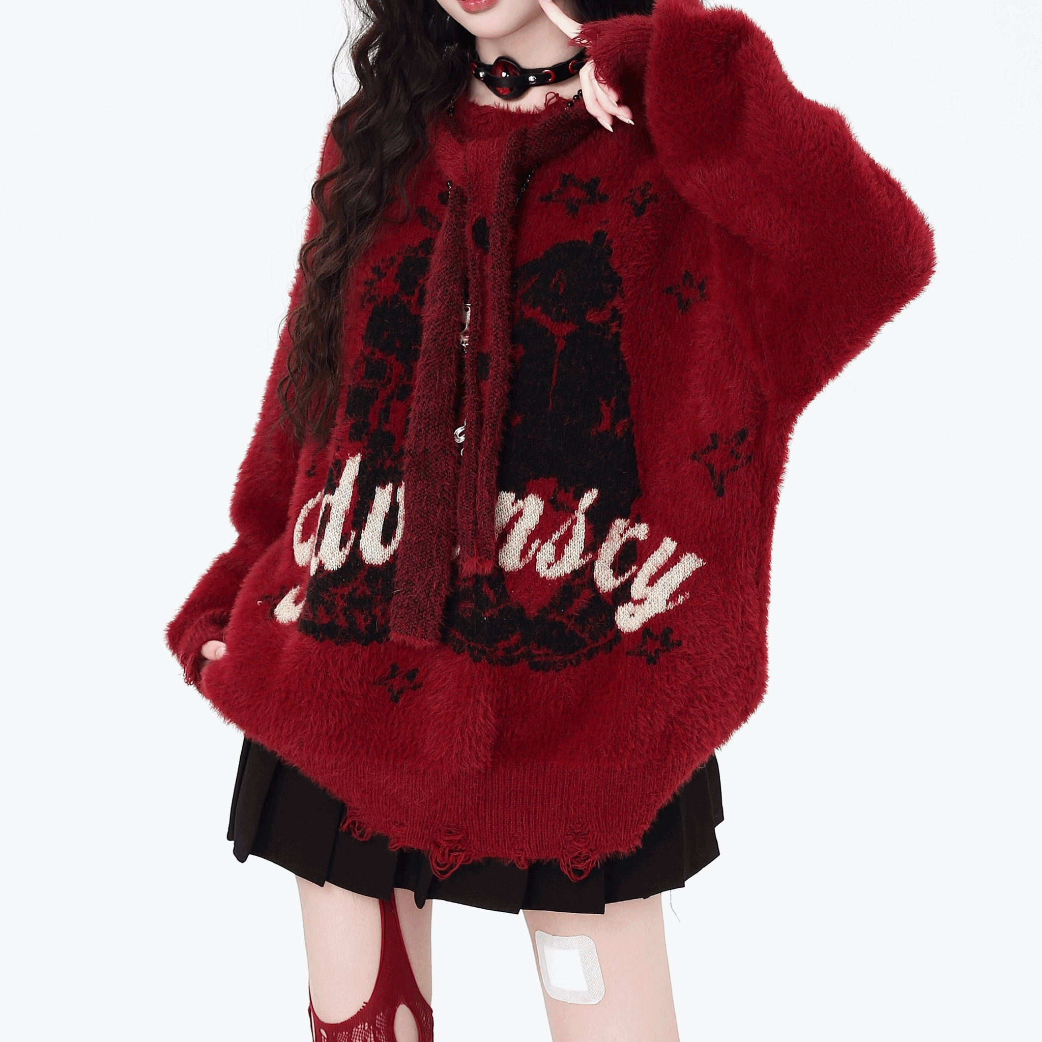 【CrazyGirl】ゴシックロゴダメージ加工フード付シャギーセーター◆セーター 地雷系 S、M、L