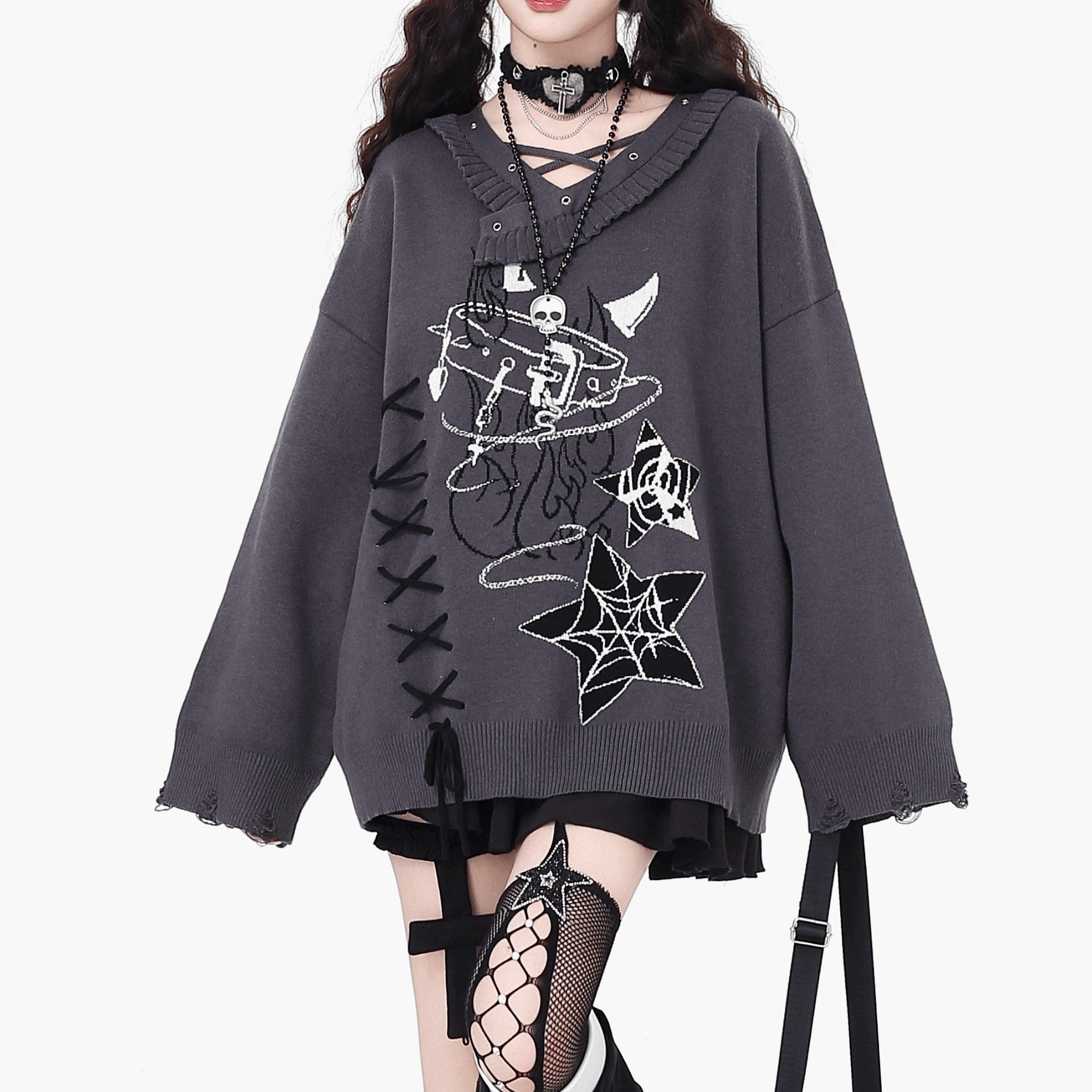 【CrazyGirl】モノクロームグラフィックサイドレースアップダメージセーター◆セーター サブカル系 S、M