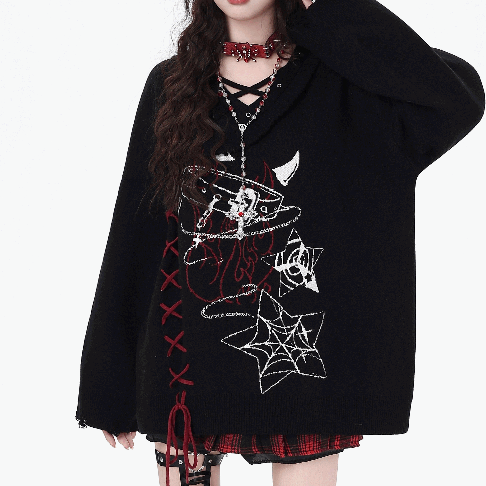 【CrazyGirl】モノクロームグラフィックサイドレースアップダメージセーター◆セーター サブカル系 S、M