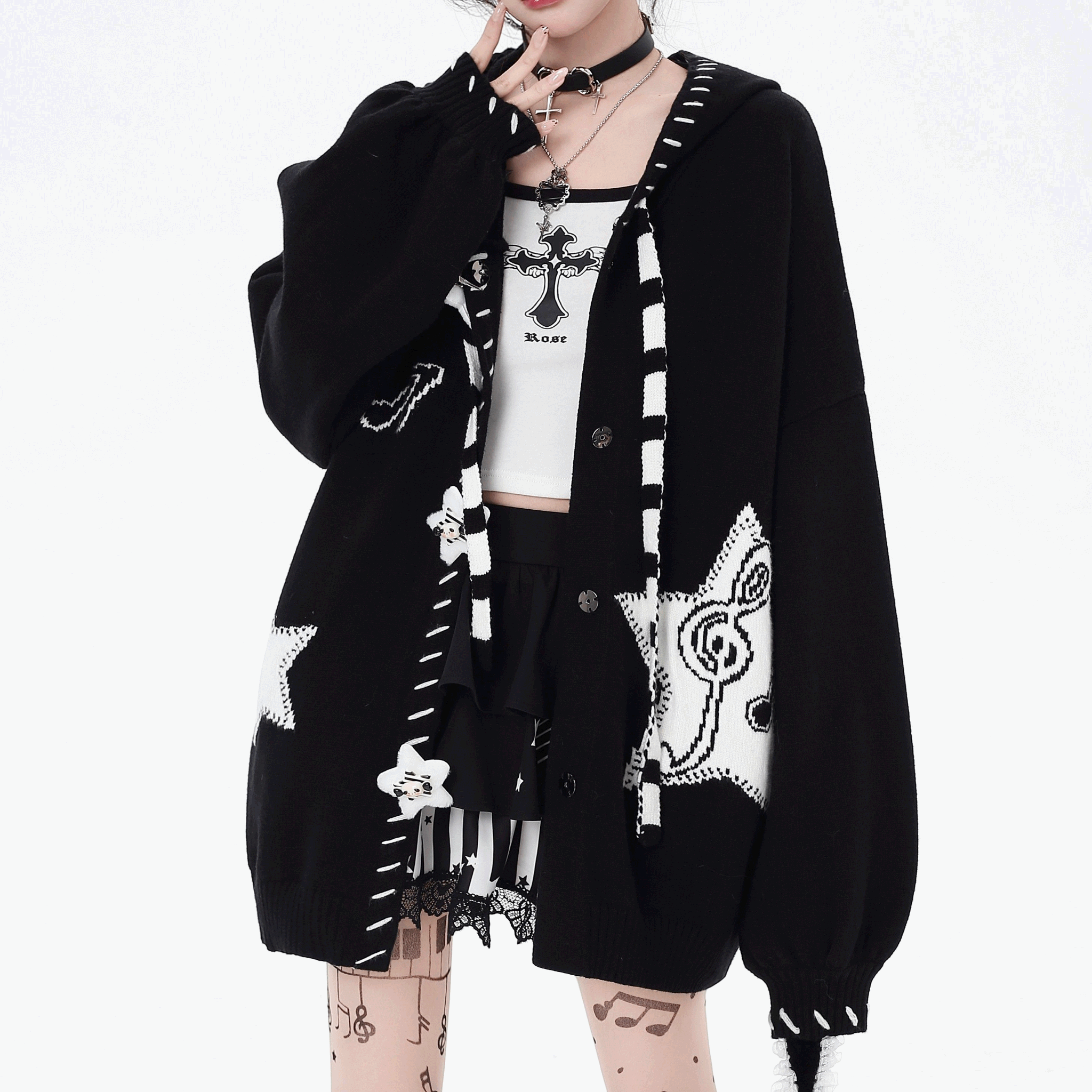【CrazyGirl】フード付ランタンスリーブニットカーディガン◆カーディガン 地雷系 S、M、L