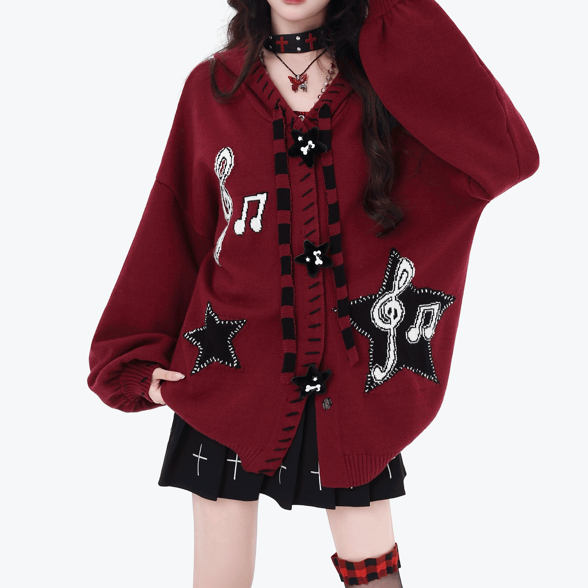 【CrazyGirl】フード付ランタンスリーブニットカーディガン◆カーディガン 地雷系 S、M、L