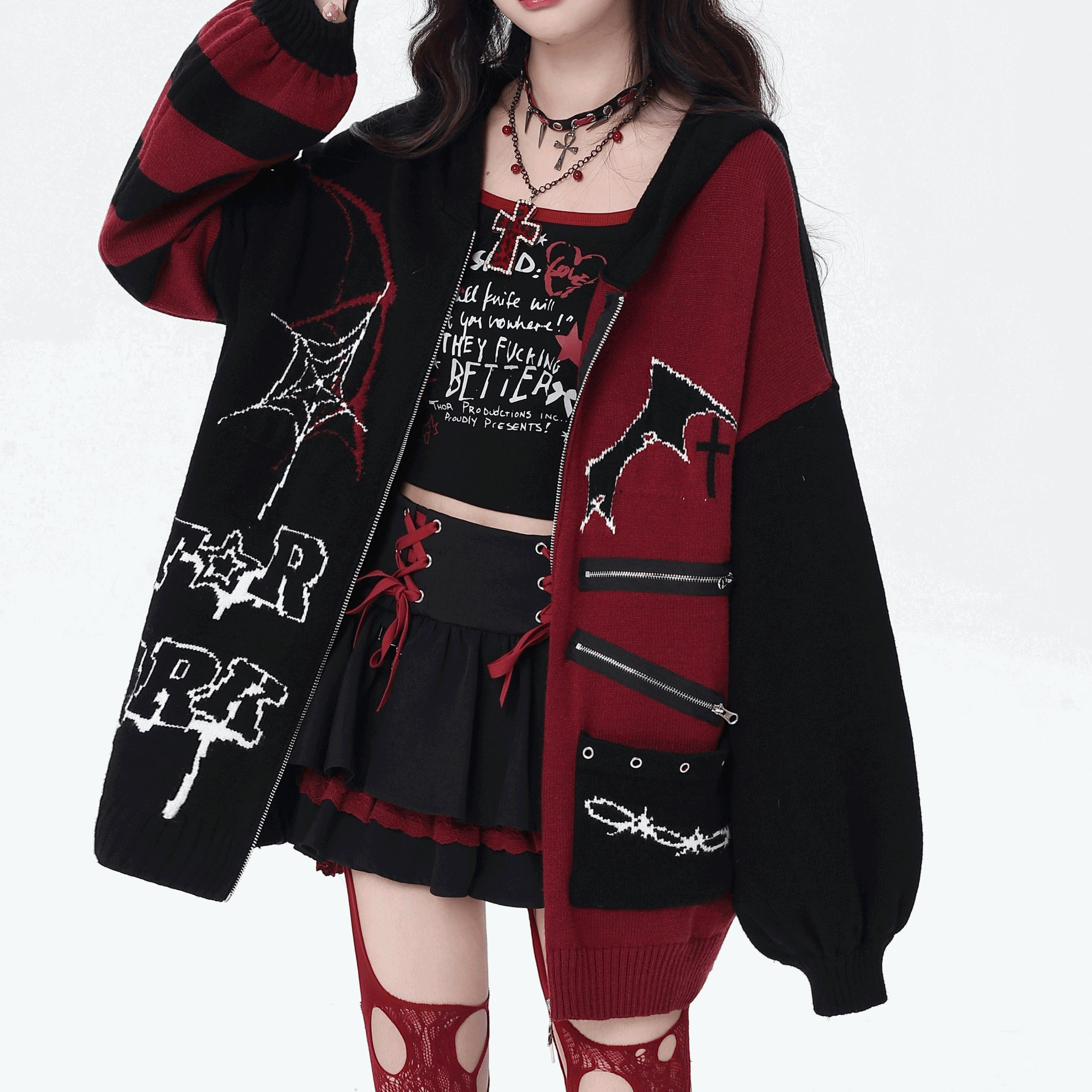 【CrazyGirl】フード付ジップアップルーズニットカーディガン◆カーディガン サブカル系 S、M、L