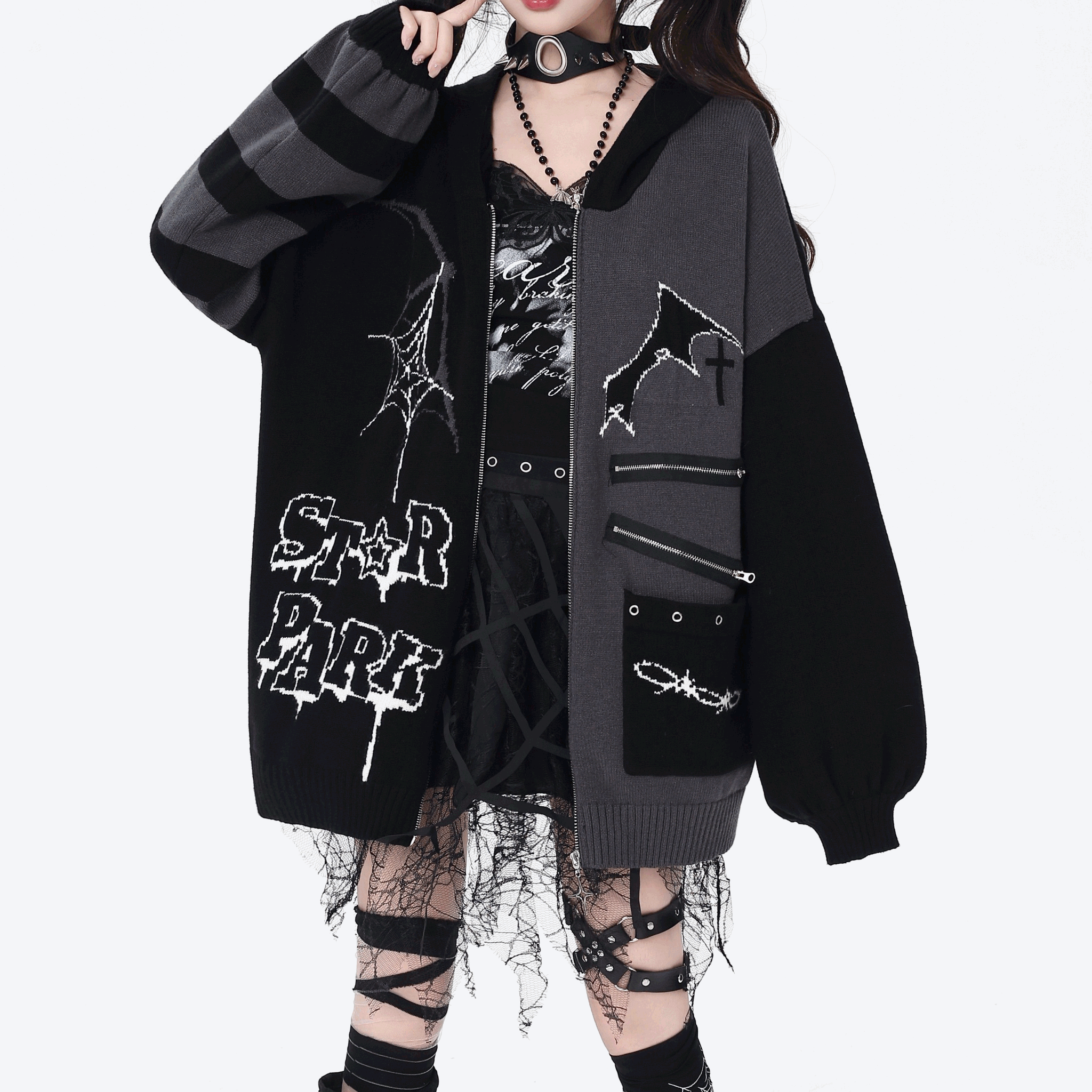 【CrazyGirl】フード付ジップアップルーズニットカーディガン◆カーディガン サブカル系 S、M、L