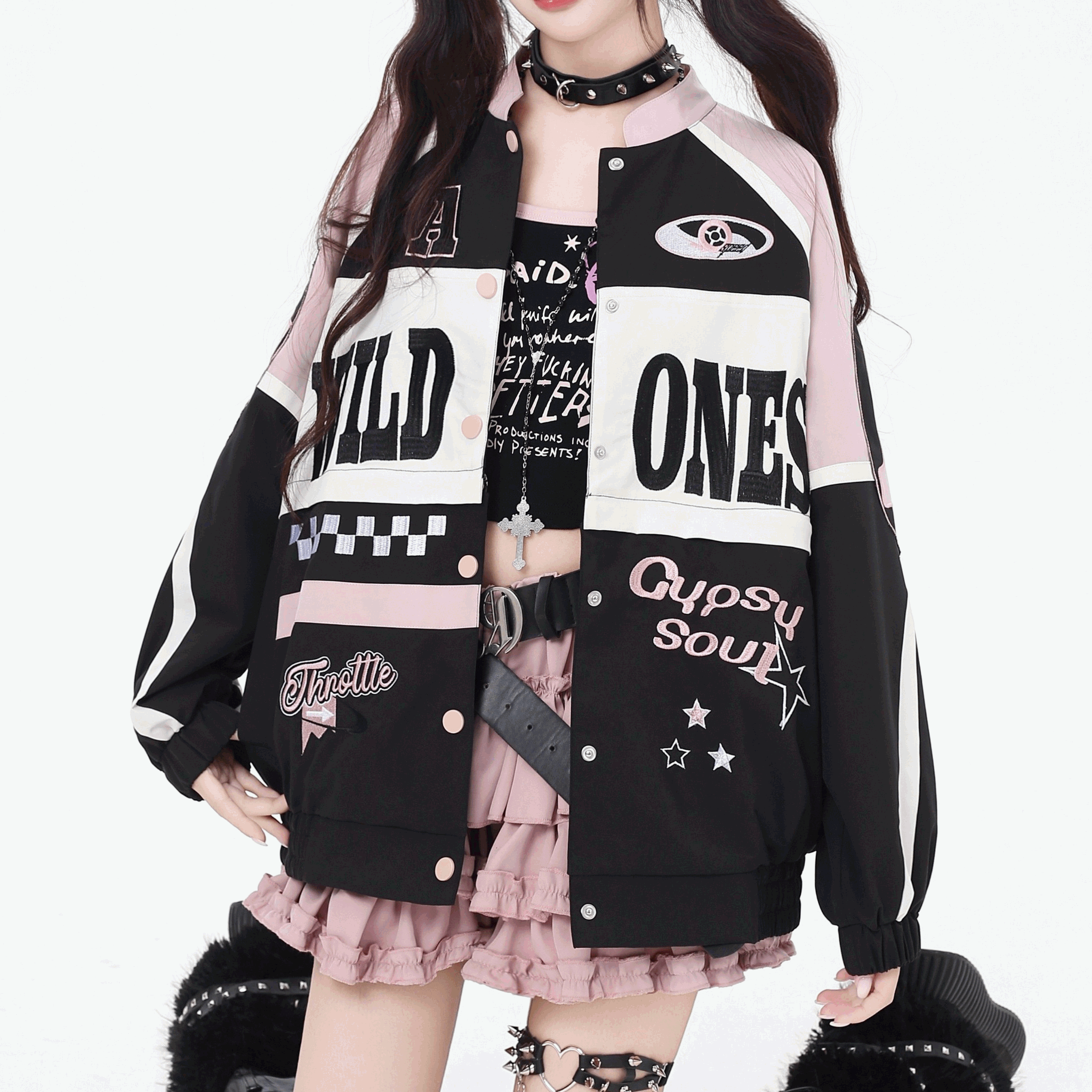 【CrazyGirl】2WAYクロップドロゴレーシングジャケット◆ジャケット カジュアル系 S、M、L、XL