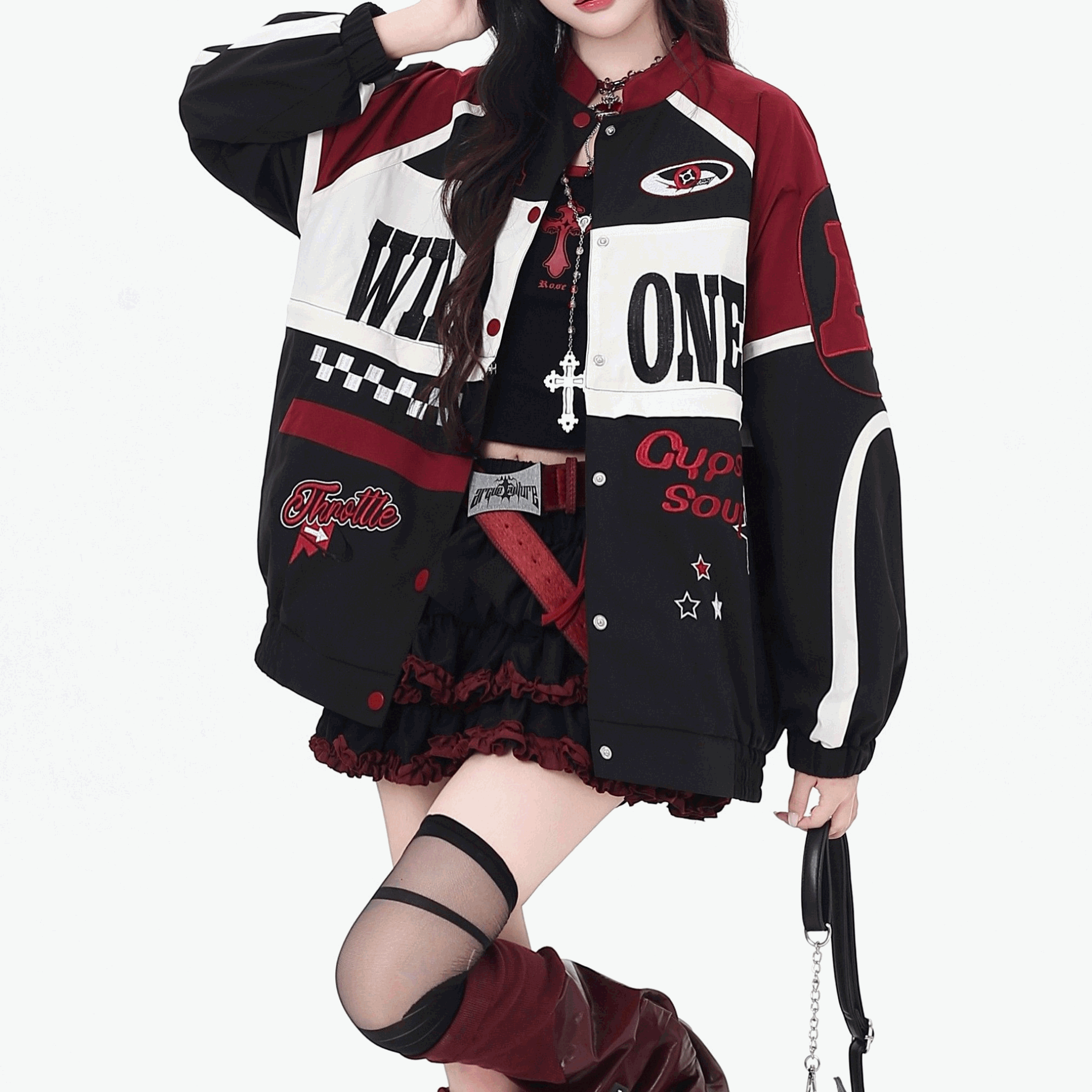 【CrazyGirl】2WAYクロップドロゴレーシングジャケット◆ジャケット カジュアル系 S、M、L、XL