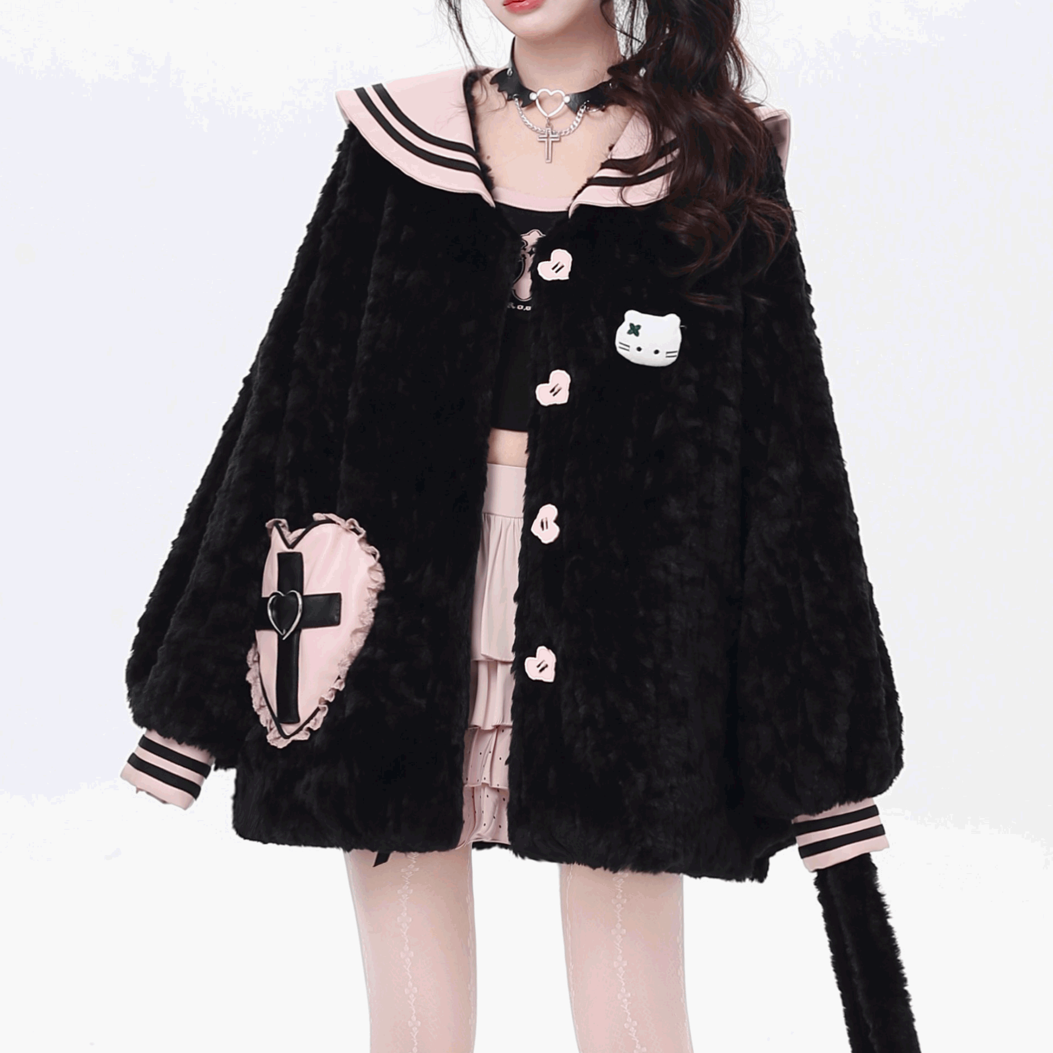 【CrazyGirl】ハートクロスセーラーカラーボアコート◆コート 地雷系 S、M、L