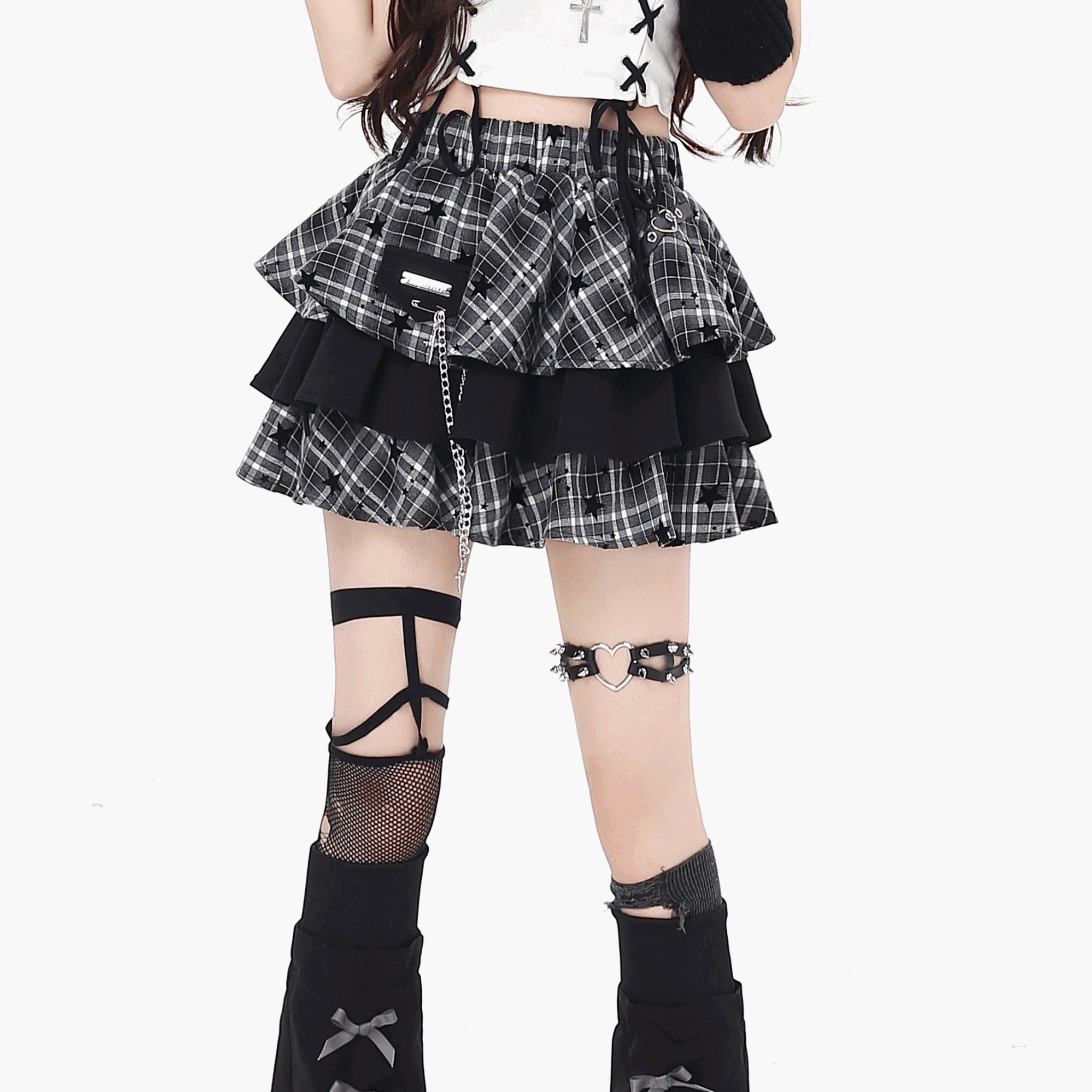 【CrazyGirl】スターチェックフリルティアードフレアスカート◆ミニスカート ガーリー系 S、M、L