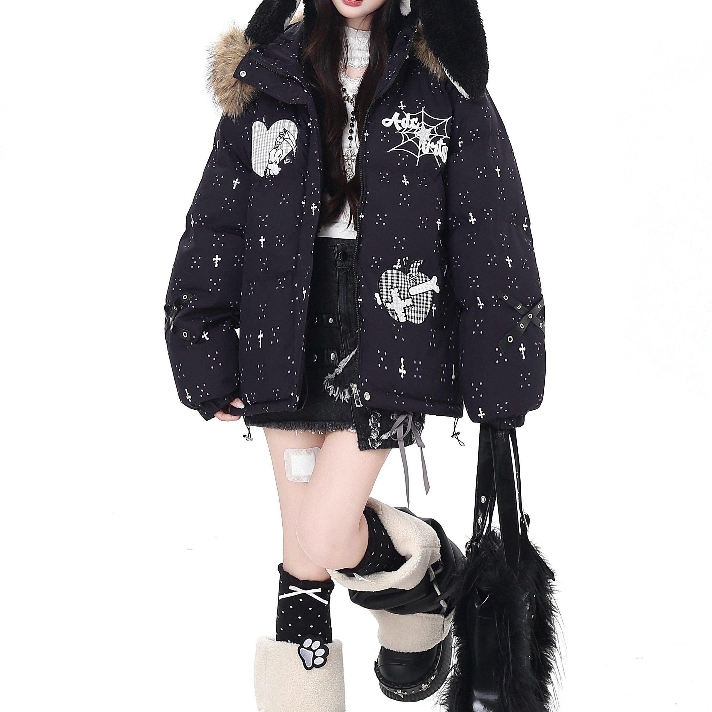 【CrazyGirl】ファー取り外し可フードダウンジャケット◆ダウンジャケット 地雷系 S、M、L