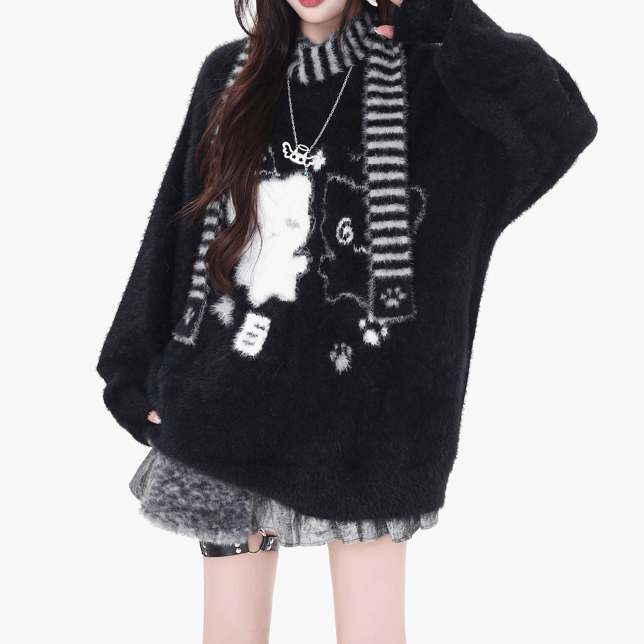 【CrazyGirl】マフラー付き猫柄シャギーニットオーバーセーター◆セーター サブカル系 S、M、L