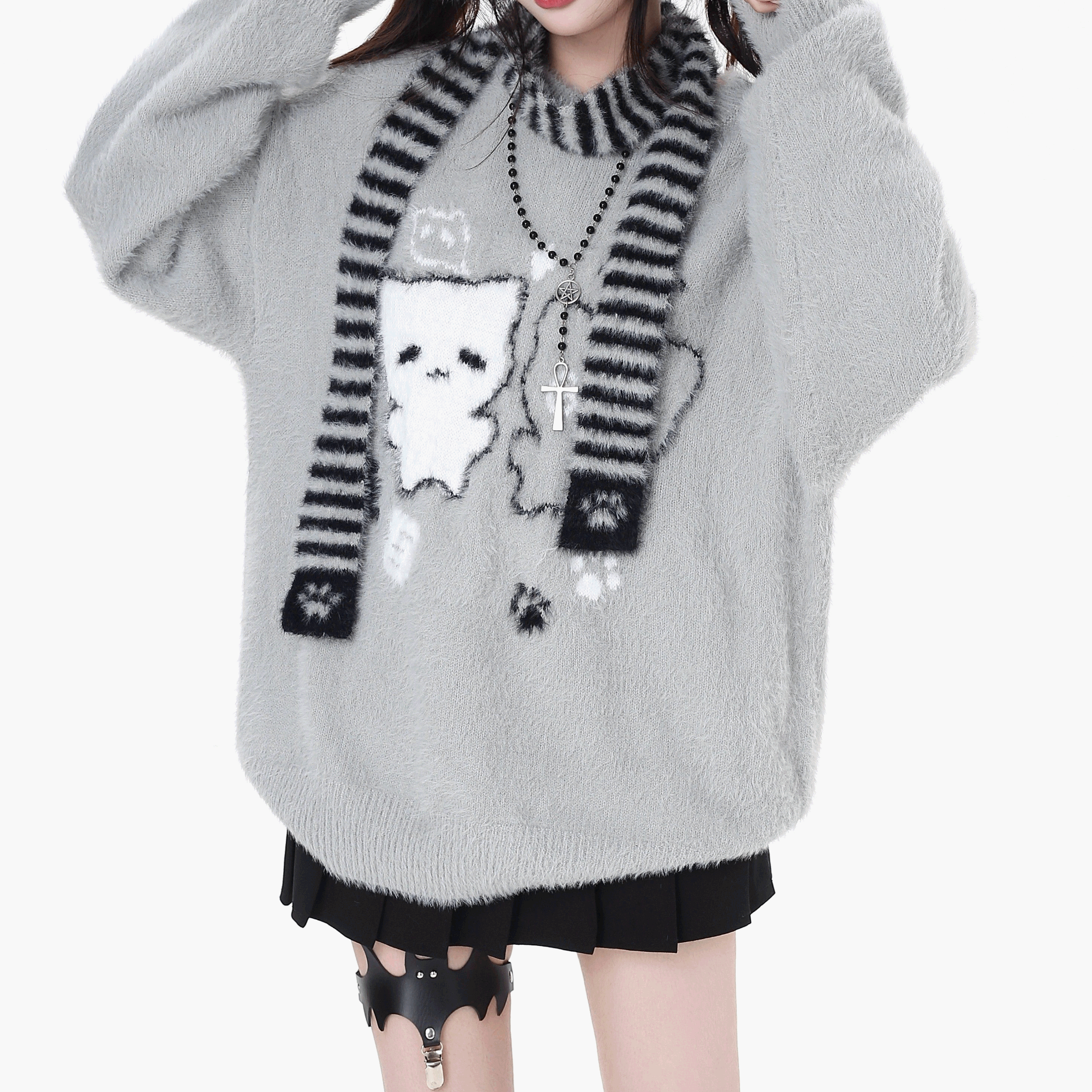 【CrazyGirl】マフラー付き猫柄シャギーニットオーバーセーター◆セーター サブカル系 S、M、L